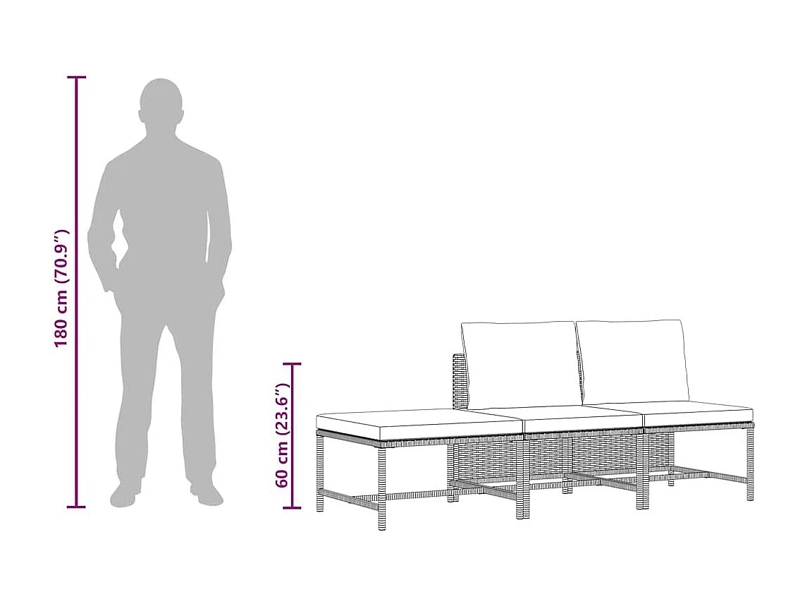 3-tlg. Garten-Sofagarnitur mit Kissen Grau Poly Rattan