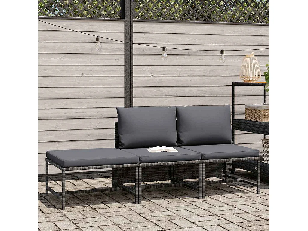 Salon de jardin 3 pcs avec coussins Gris Résine tressée