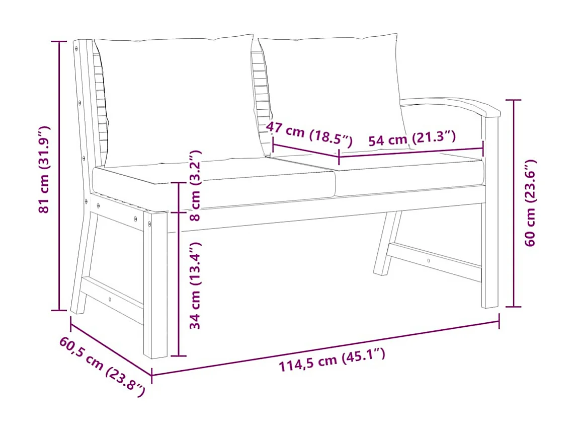Banc de jardin 114,5 cm avec coussin crème Bois solide d'acacia