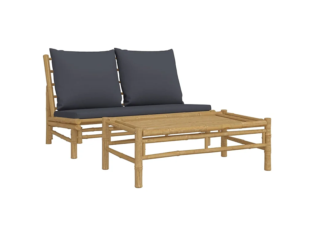 Salon de jardin 2 pcs avec coussins gris foncé bambou