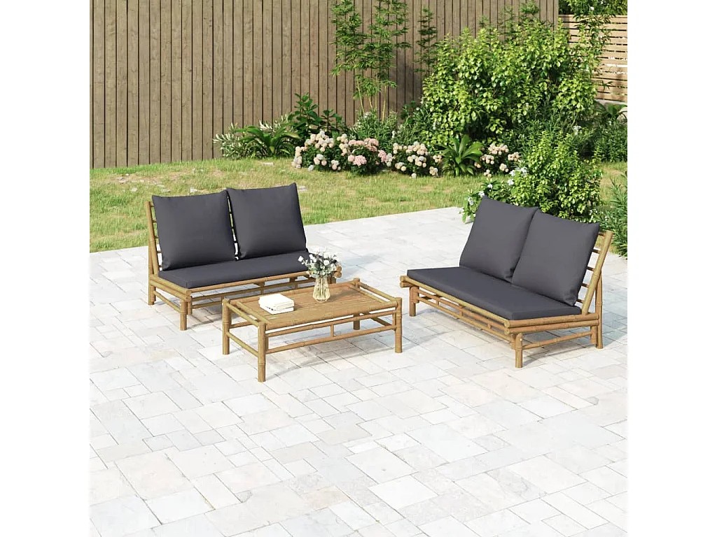 Salon de jardin 2 pcs avec coussins gris foncé bambou