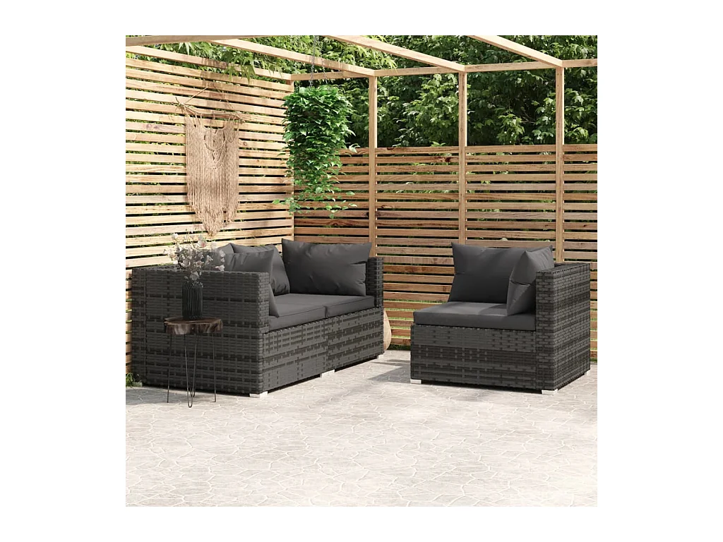 Salon de jardin 3 pcs avec coussins Gris Résine tressée