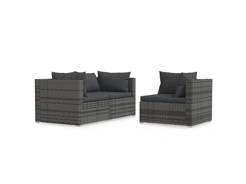 3-delige Loungeset met kussens poly rattan grijs