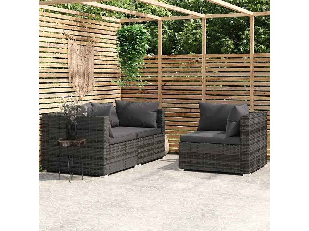 3-delige Loungeset met kussens poly rattan grijs