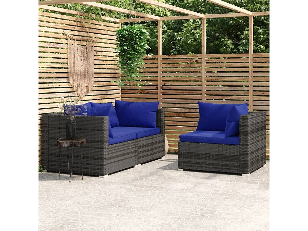 3 pcs conjunto lounge de jardim c/ almofadões vime PE cinzento