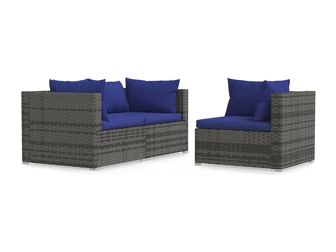 3 pcs conjunto lounge de jardim c/ almofadões vime PE cinzento