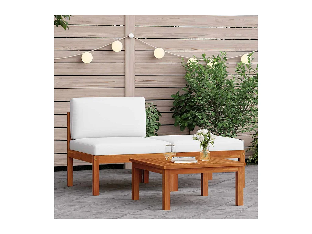 Set da giardino 3 pezzi con cuscini in legno di acacia e corda