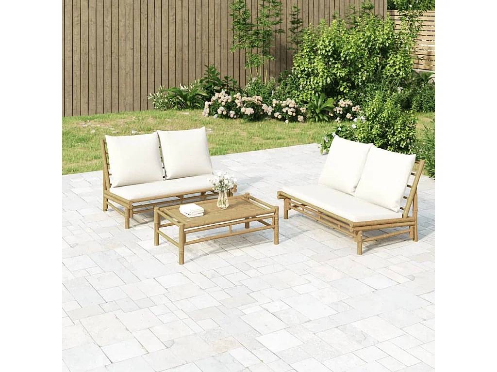 Salon de jardin 2 pcs avec coussins blanc crème bambou