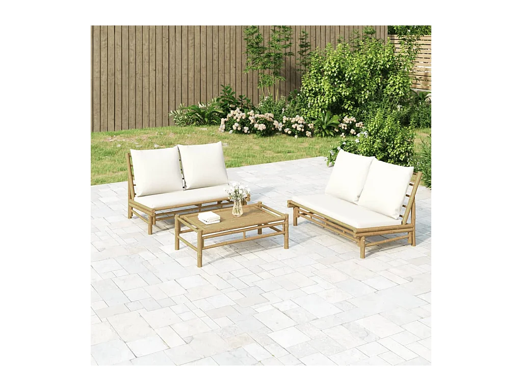 Salon de jardin 2 pcs avec coussins blanc crème bambou