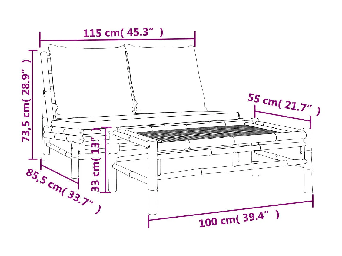 2-tlg. Garten-Lounge-Set mit Cremeweißen Kissen Bambus