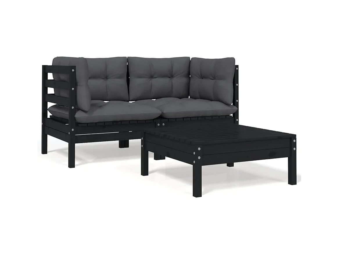 Salon de jardin 3 pcs avec coussins Noir Bois de pin massif