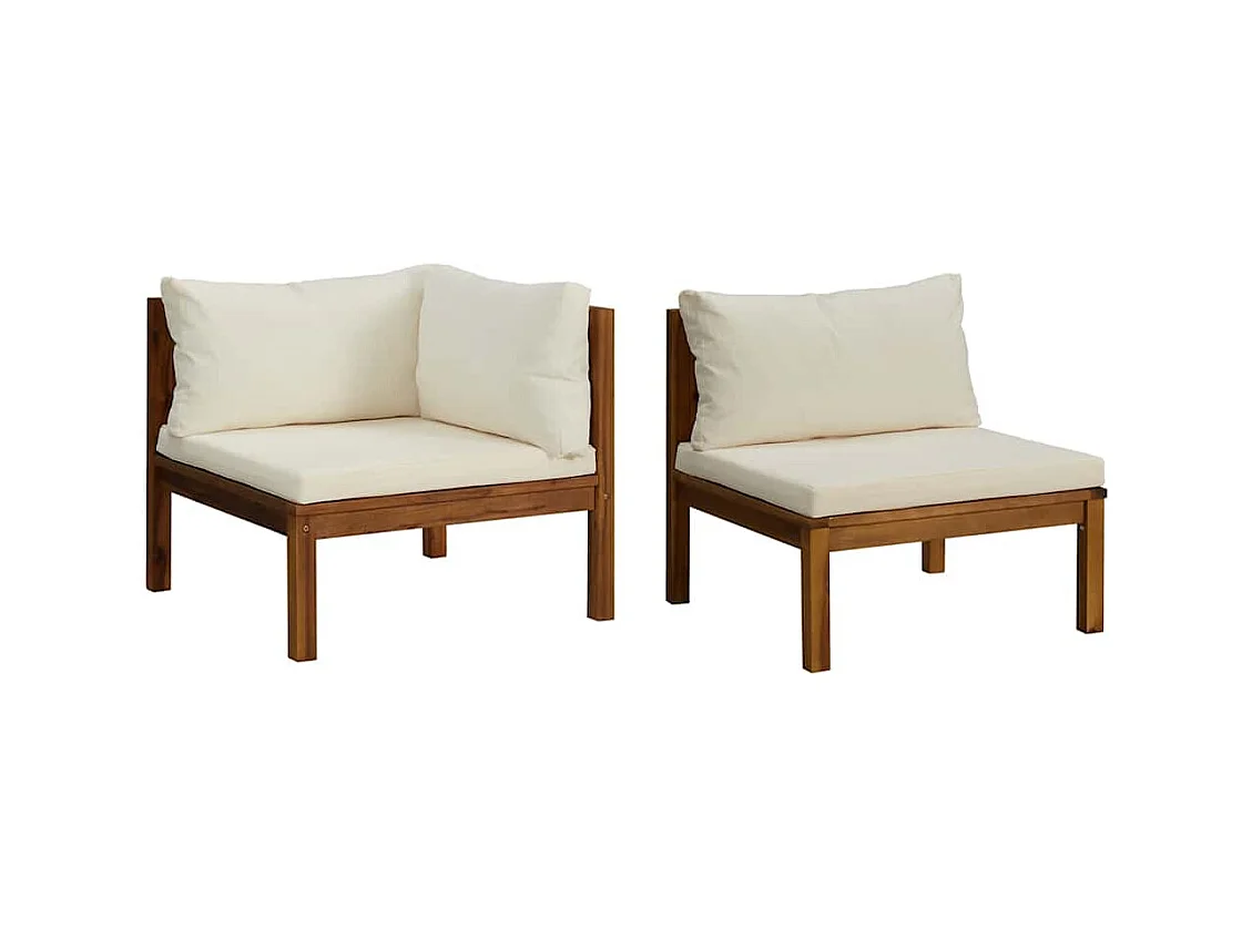 2-delig Bankstel met crèmewitte kussens massief acaciahout