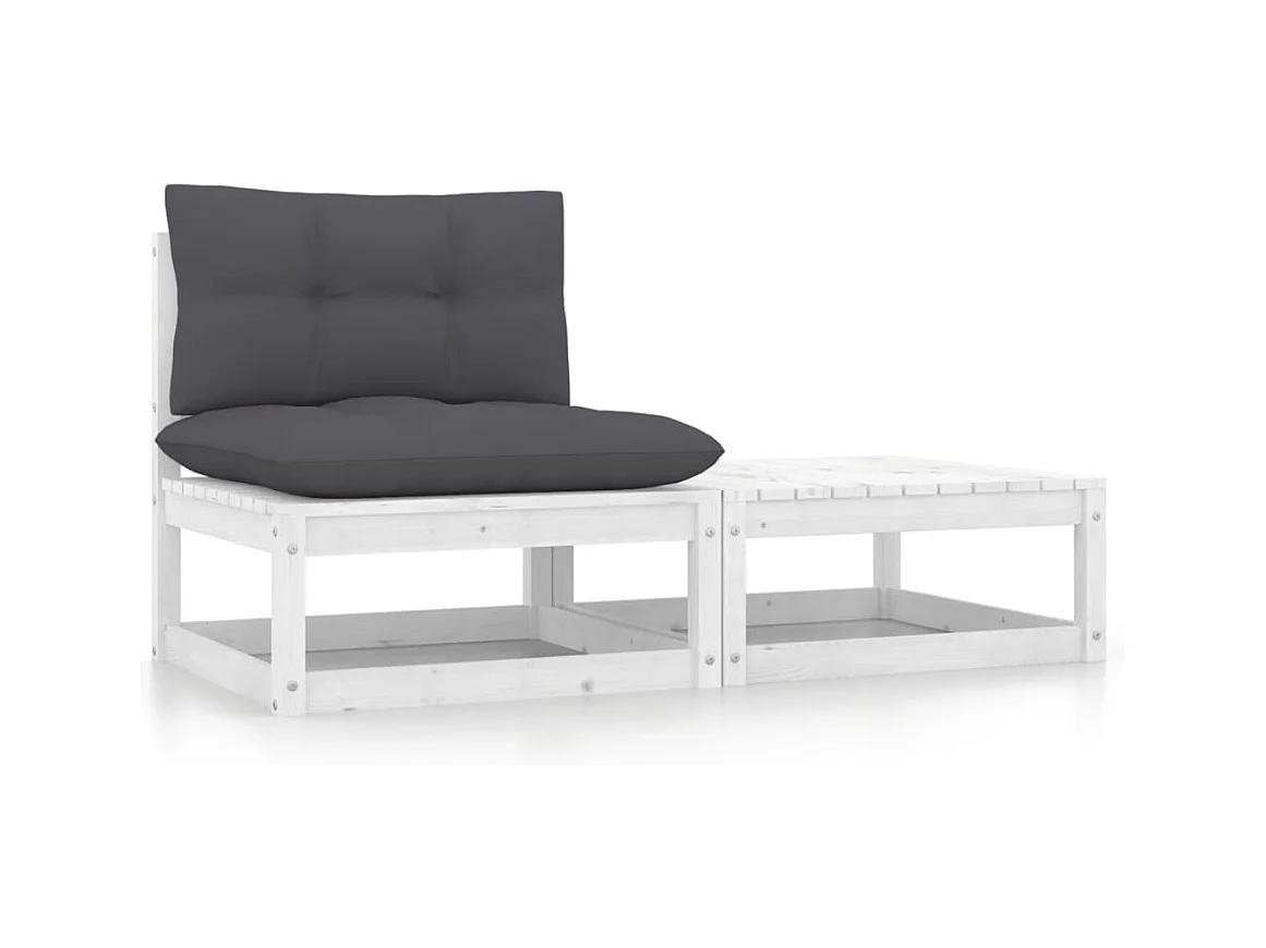Salon de jardin 2 pcs avec coussins Blanc Bois de pin massif