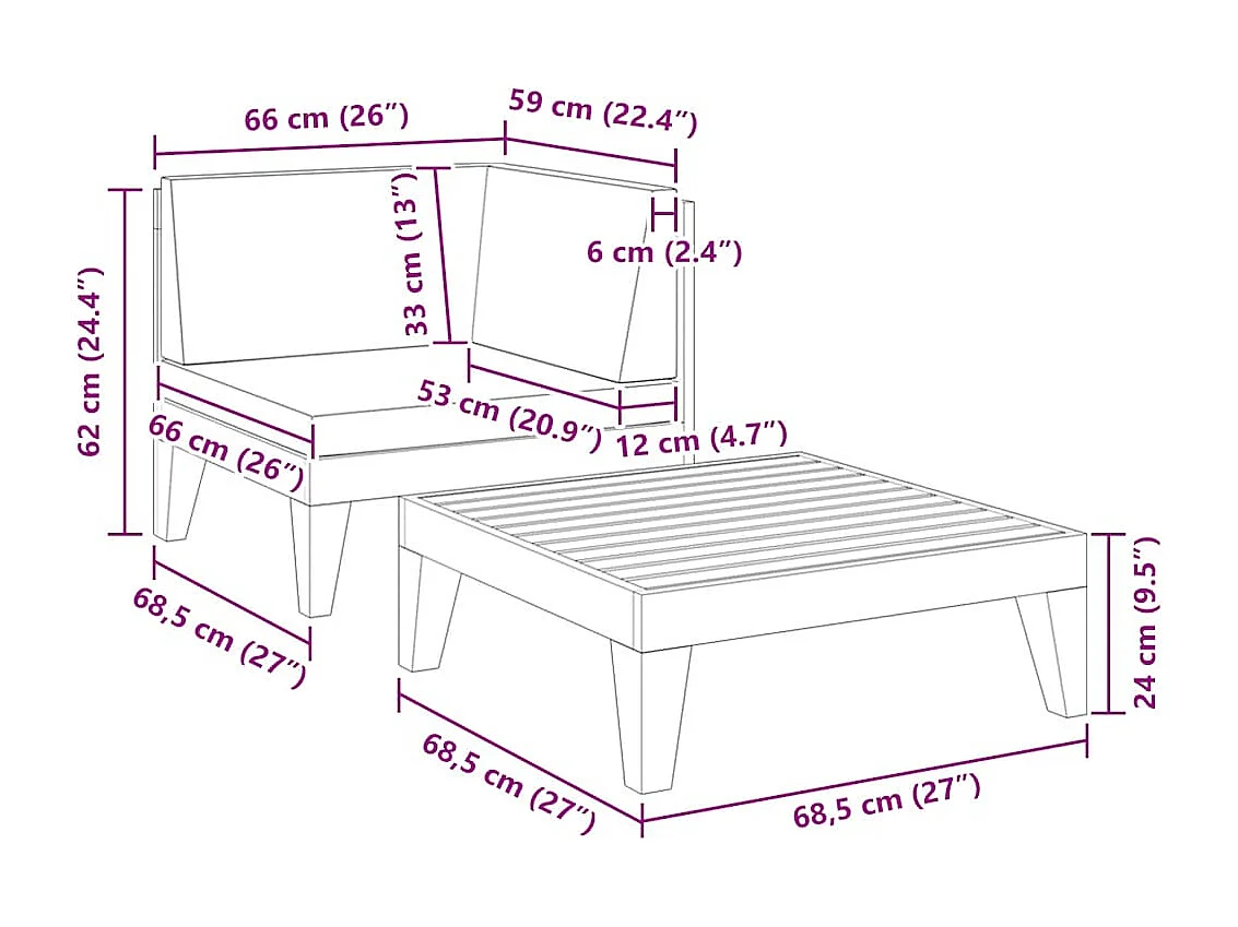 Salon de jardin 2 pcs avec coussins Bois d'acacia solide