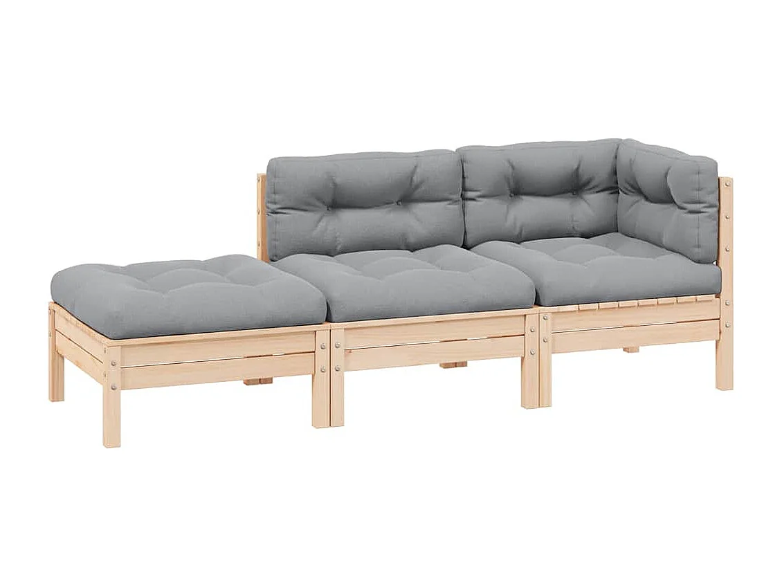 Salon de jardin 3 pcs avec coussins gris Bois de pin solide