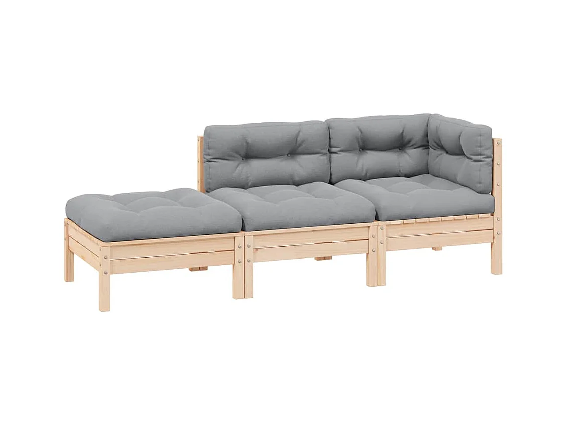 Salon de jardin 3 pcs avec coussins gris Bois de pin solide