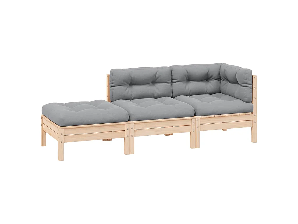 3-delige Loungeset met grijze kussens massief grenenhout