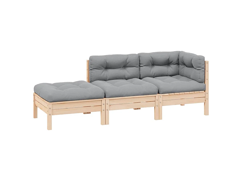 Salon de jardin 3 pcs avec coussins gris Bois de pin solide