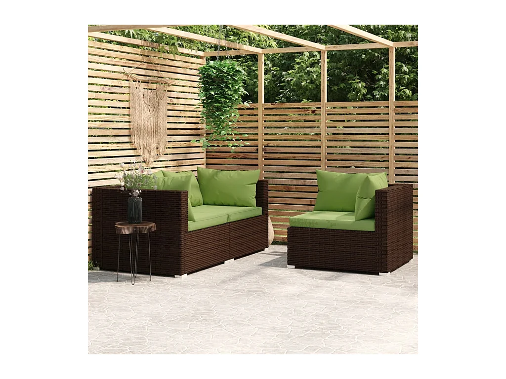 Salon de jardin 3 pcs avec coussins Marron Résine tressée