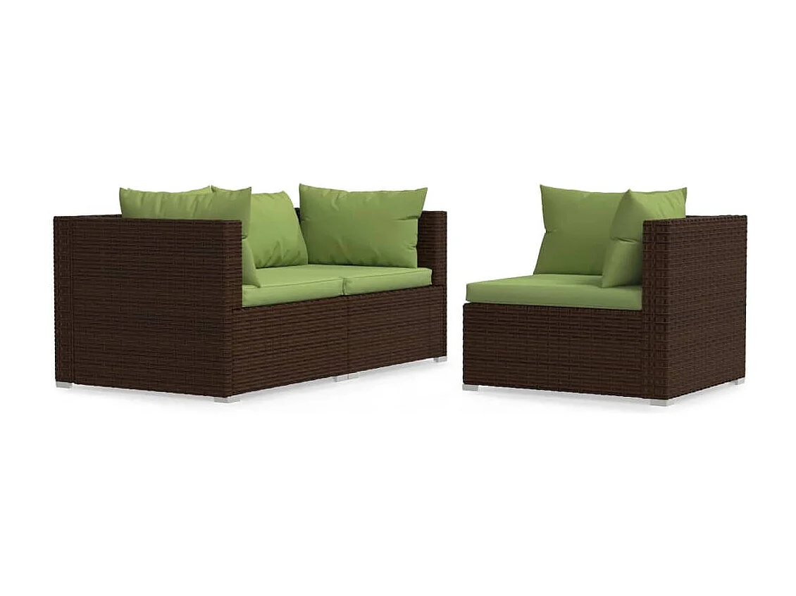Salon de jardin 3 pcs avec coussins Marron Résine tressée