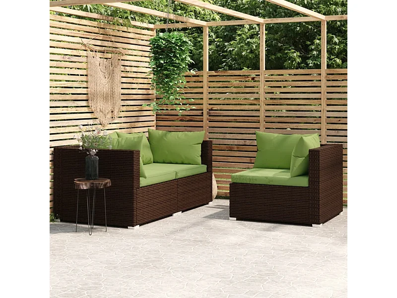 3-tlg. Garten-Lounge-Set mit Kissen Braun Poly Rattan