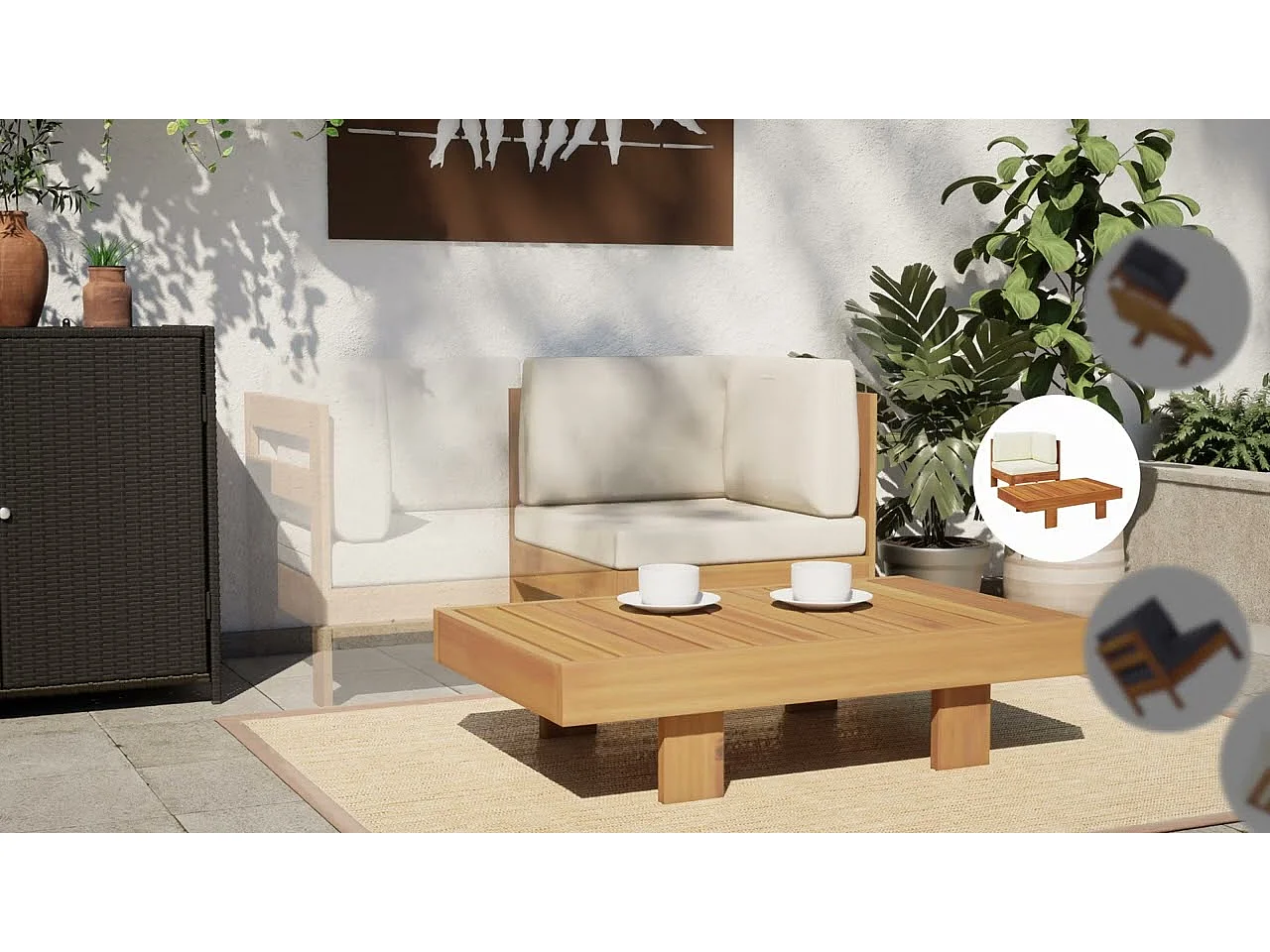 Set Divani Giardino 2 pz Cuscini Bianco Crema in Legno d'Acacia