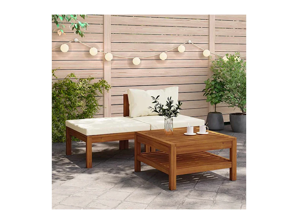 Salon de jardin 3 pcs avec coussins blanc crème Bois d'acacia