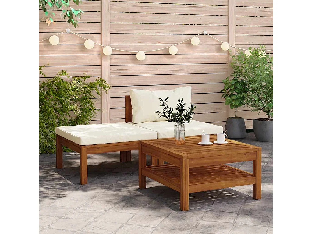 3 pcs conj. lounge de jardim c/ almofadões branco nata acácia