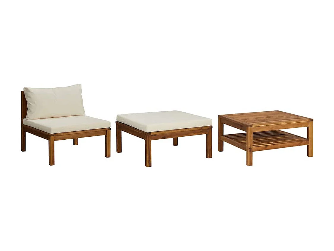3 pcs conj. lounge de jardim c/ almofadões branco nata acácia