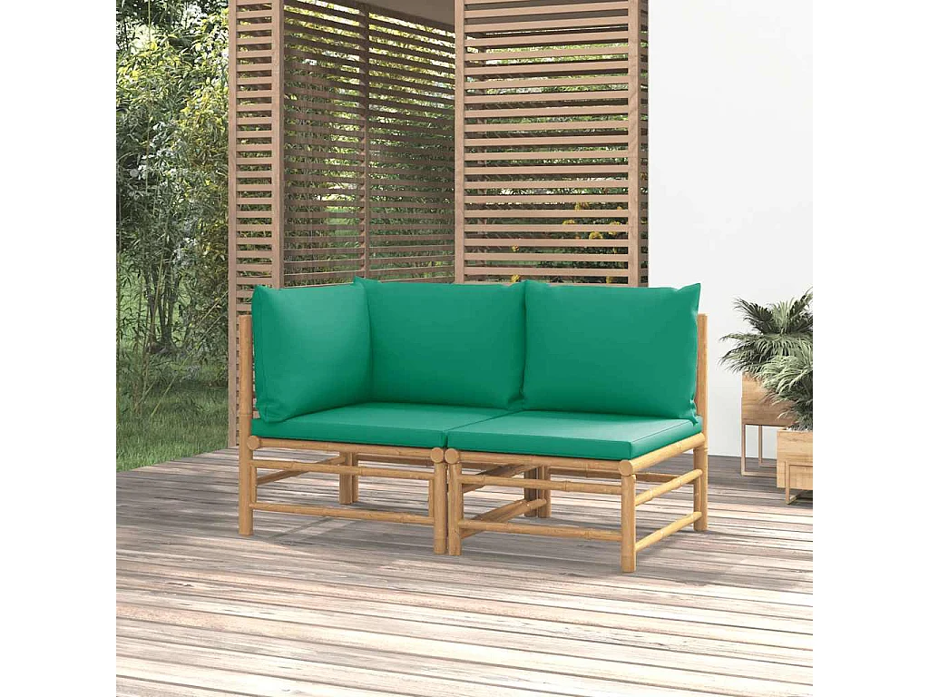 2 pcs conjunto lounge de jardim bambu c/ almofadões verdes