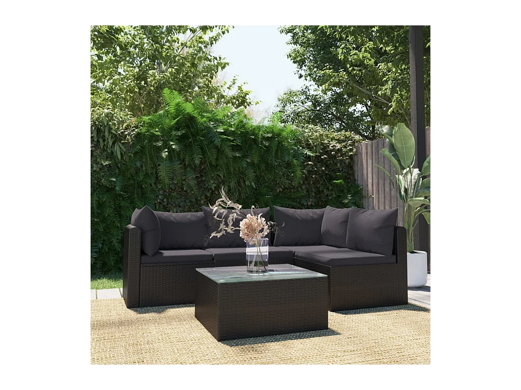 Salon de jardin 5 pcs avec coussins Résine tressée Noir
