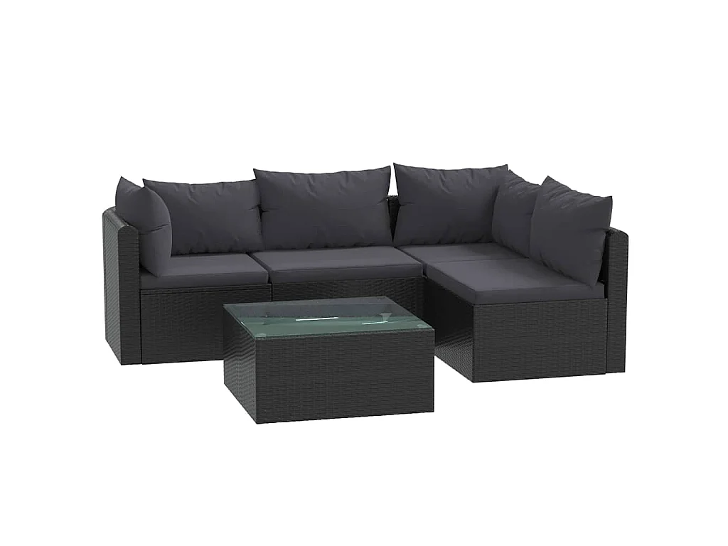 Salon de jardin 5 pcs avec coussins Résine tressée Noir