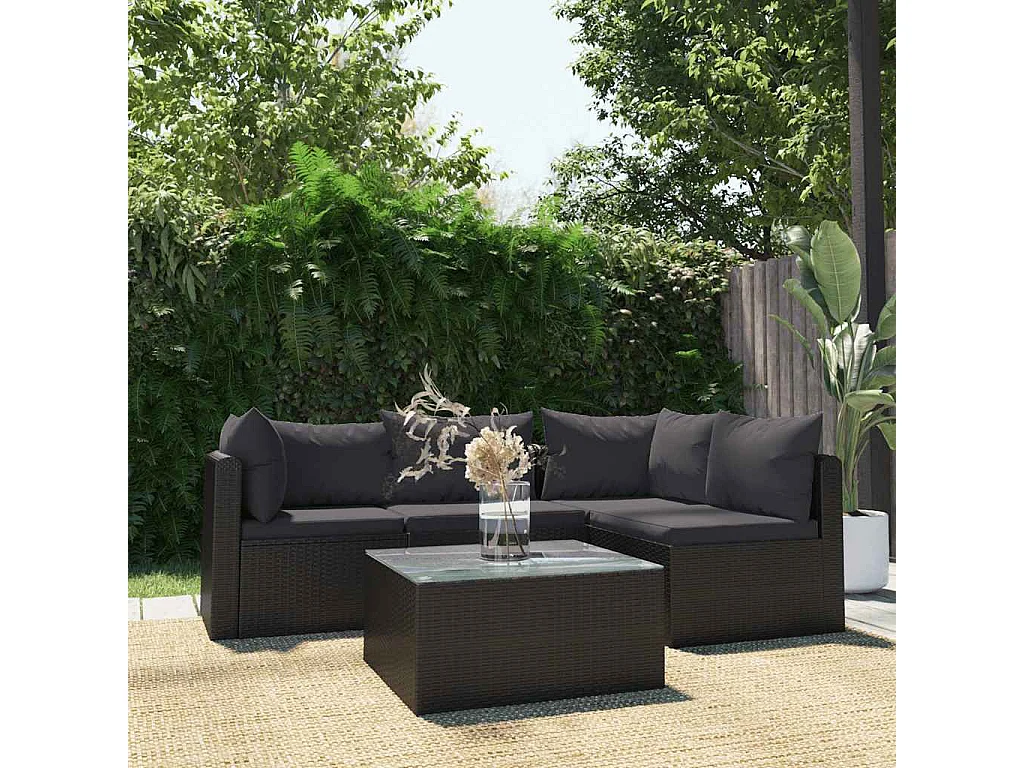 Salon de jardin 5 pcs avec coussins Résine tressée Noir