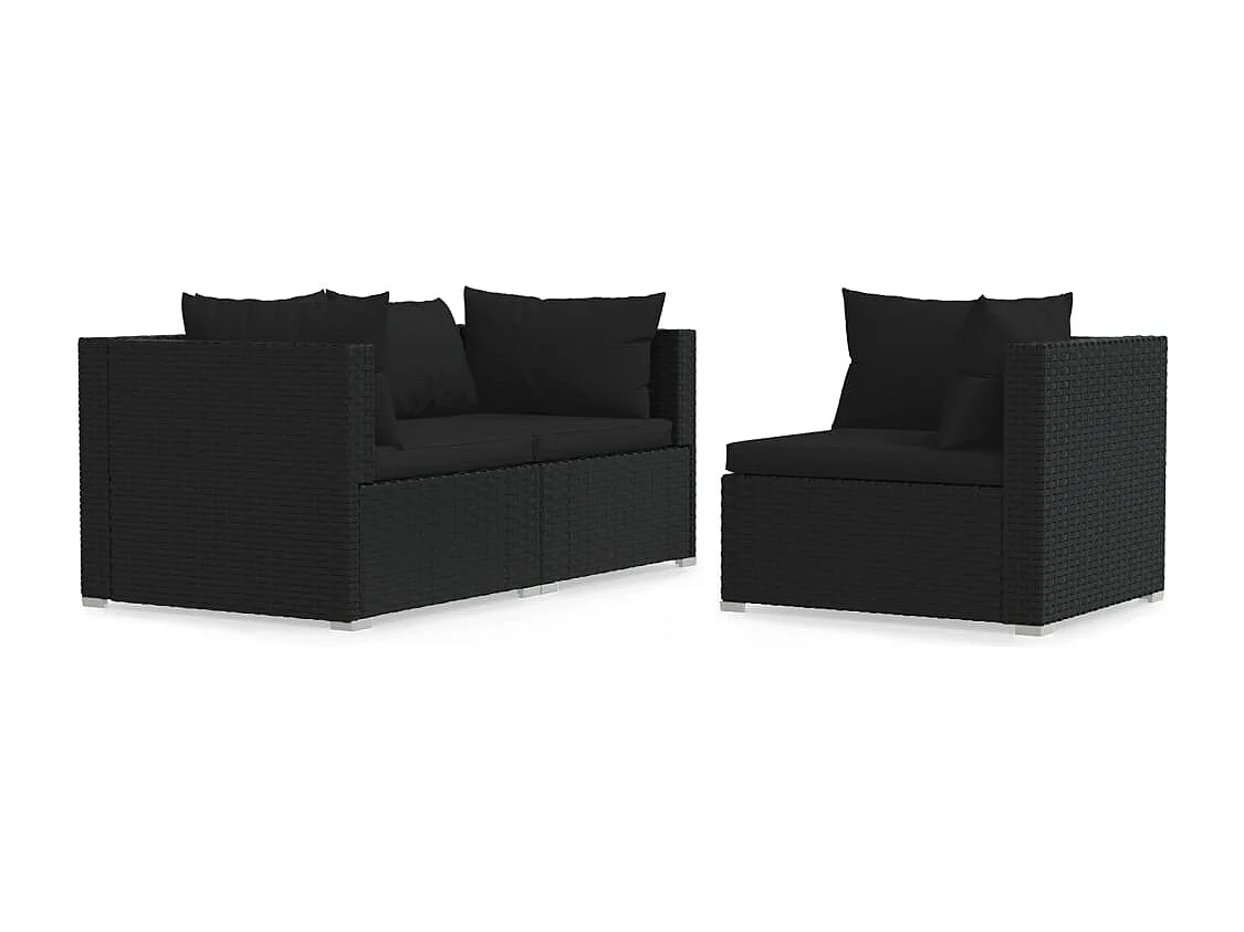 3-tlg. Garten-Lounge-Set mit Kissen Schwarz Poly Rattan