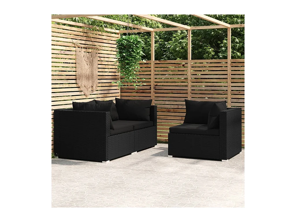 Salon de jardin 3 pcs avec coussins Noir Résine tressée