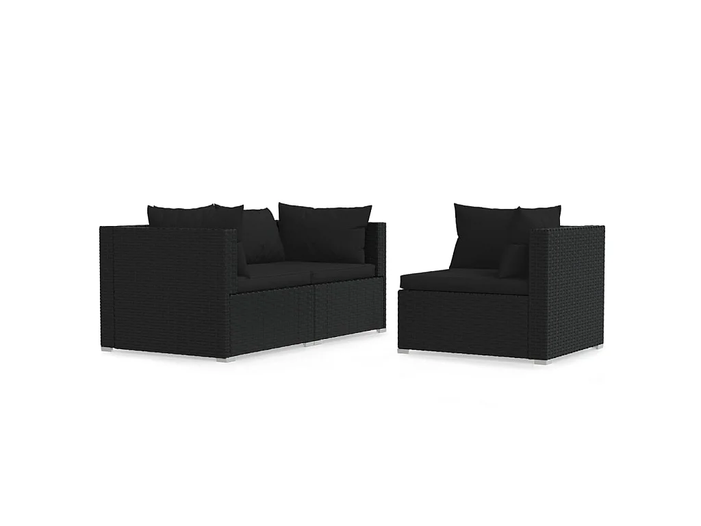 3-tlg. Garten-Lounge-Set mit Kissen Schwarz Poly Rattan