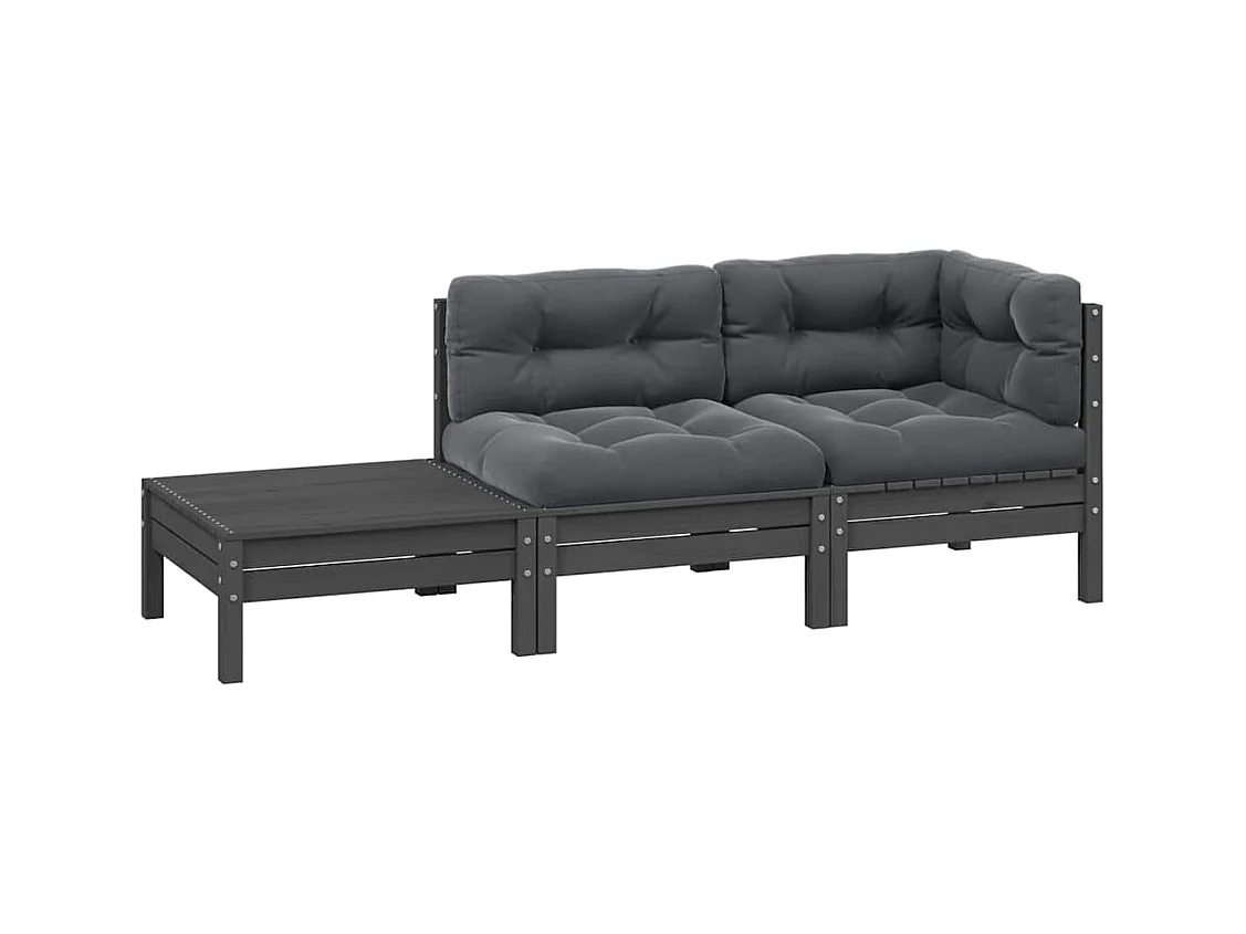 Salon de jardin 3 pcs avec coussins Gris Bois de pin massif