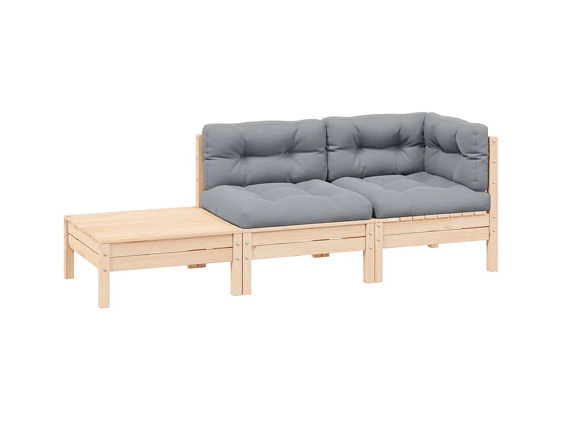 Salon de jardin 3 pcs avec coussins gris Bois de pin massif