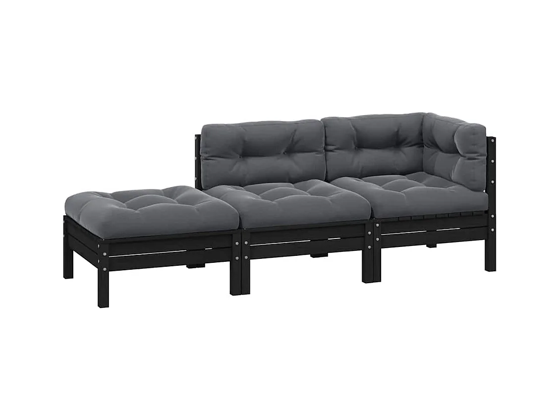 Salon de jardin 3 pcs avec coussins Noir Bois de pin solide