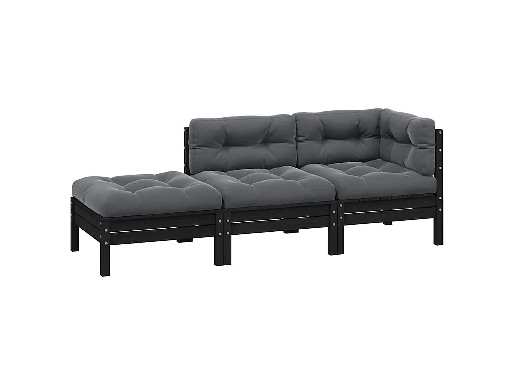 3-tlg. Garten-Lounge-Set mit Kissen Schwarz Kiefer Massivholz