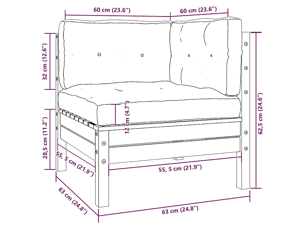 3-tlg. Garten-Lounge-Set mit Kissen Schwarz Kiefer Massivholz