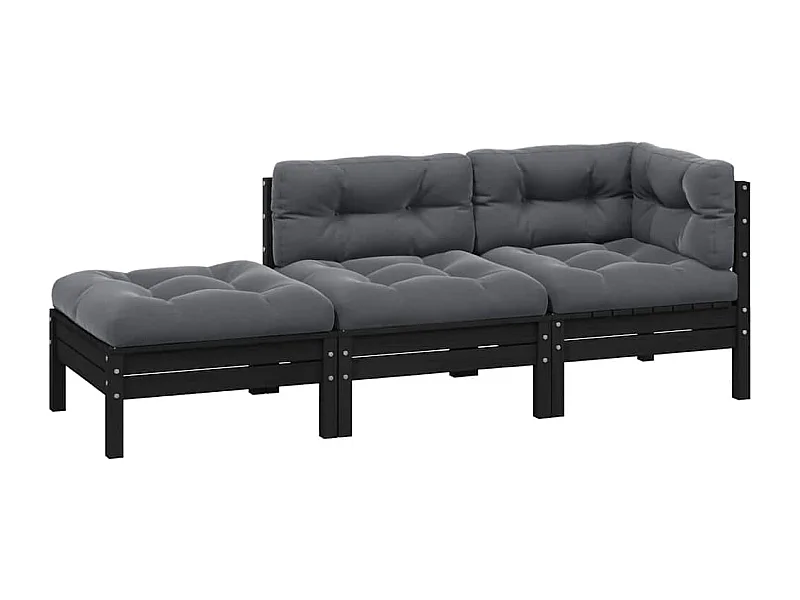 3-tlg. Garten-Lounge-Set mit Kissen Schwarz Kiefer Massivholz