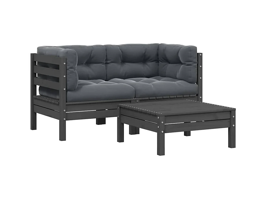 Salon de jardin 3 pcs avec coussins Gris Bois de pin massif