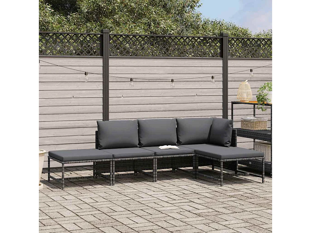 Salon de jardin 5 pcs avec coussins Gris Résine tressée