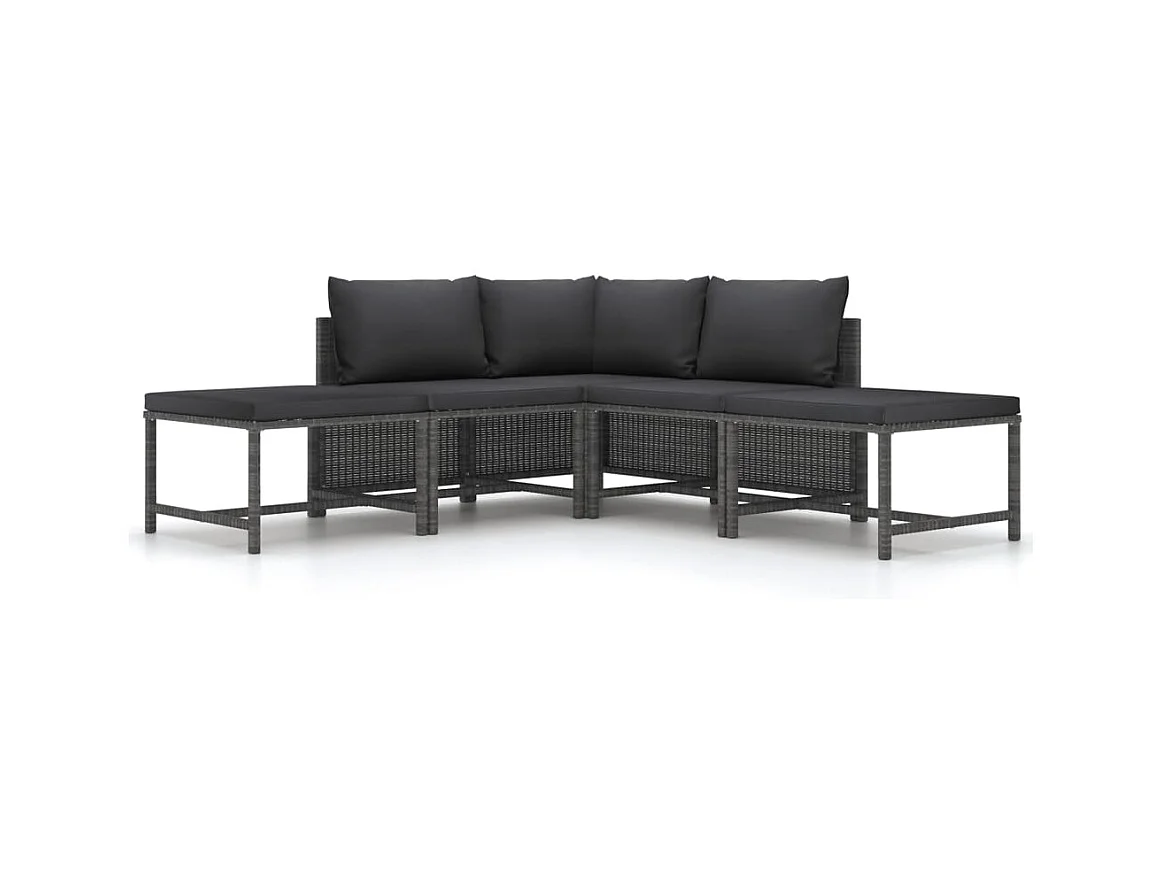 5 pcs conjunto sofás de jardim c/ almofadões vime PE cinzento