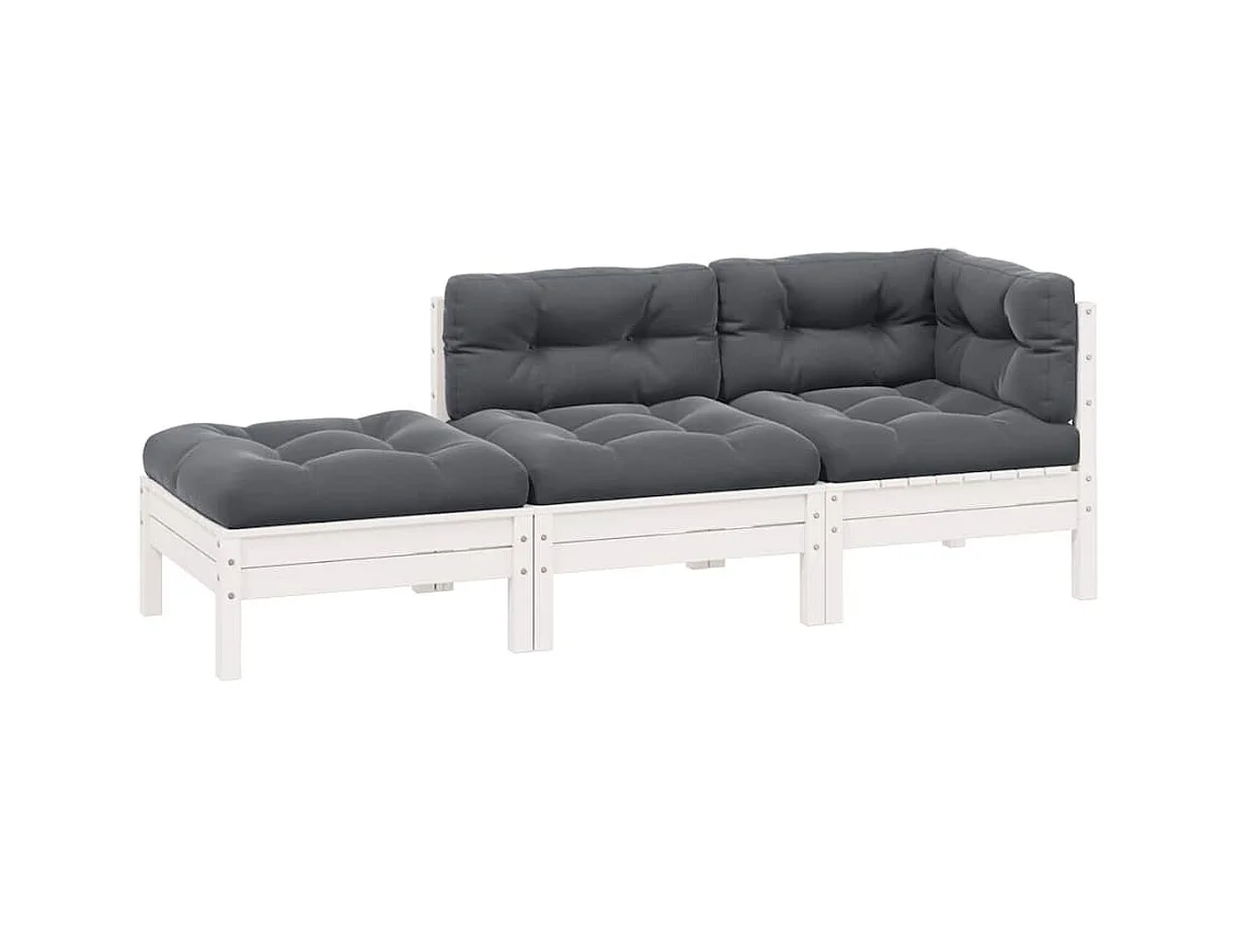 Salon de jardin 3 pcs avec coussins Blanc Bois de pin solide