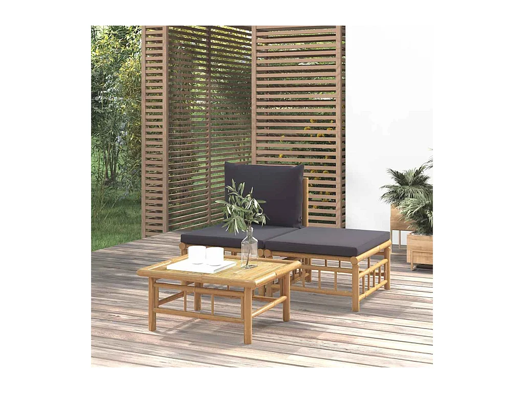 Salon de jardin 3 pcs avec coussins gris foncé bambou