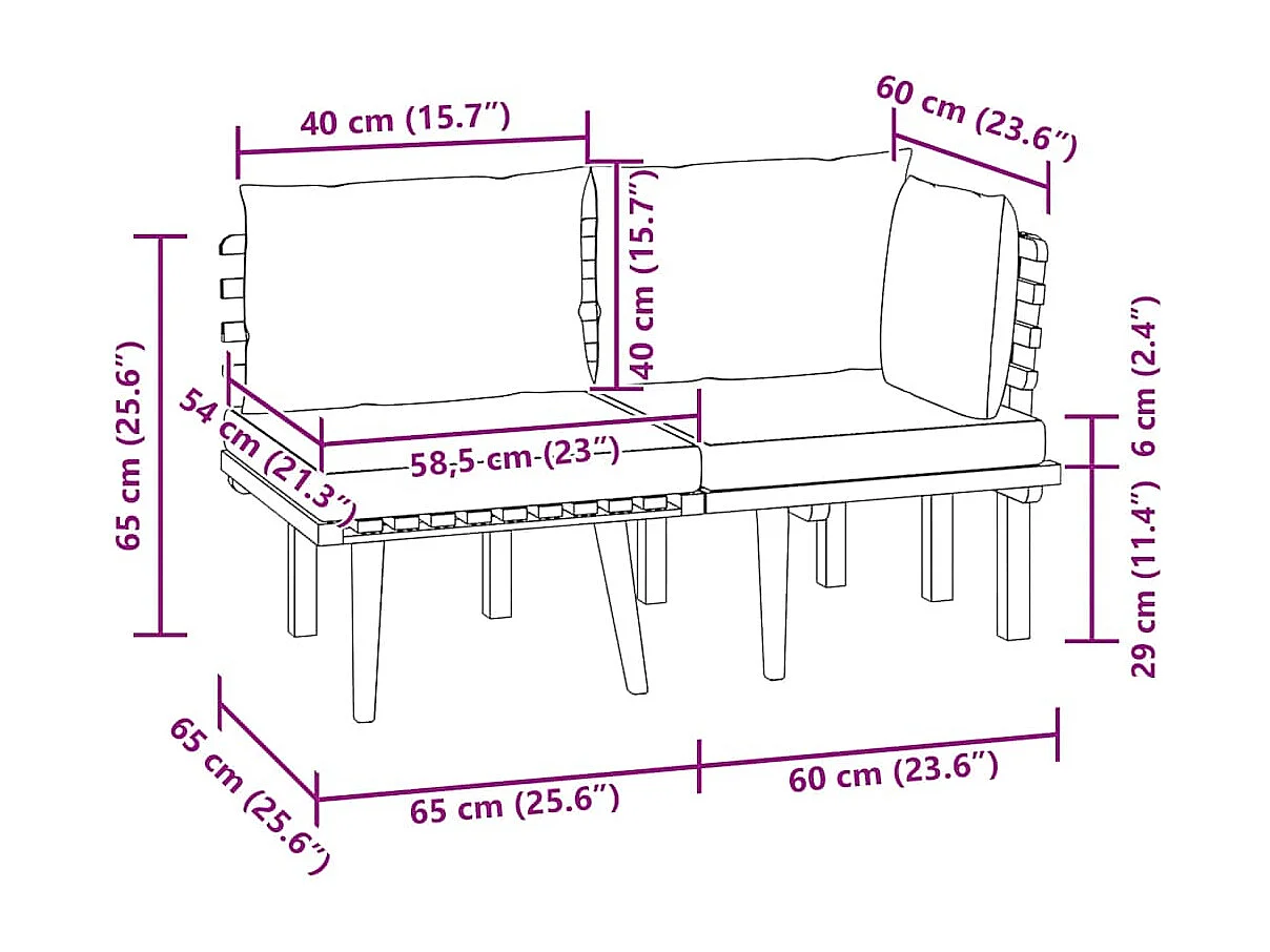 Salon de jardin 2 pcs avec coussins Bois d'acacia solide