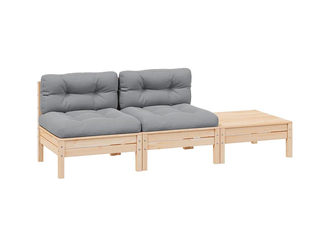 3-delige Loungeset met grijze kussens massief grenenhout