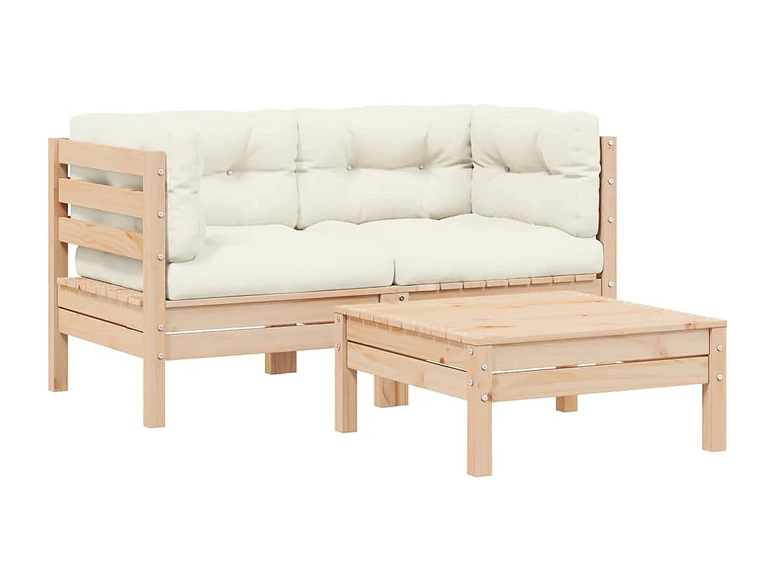 3-tlg. Garten-Lounge-Set mit Kissen in Creme Massivholz Kiefer